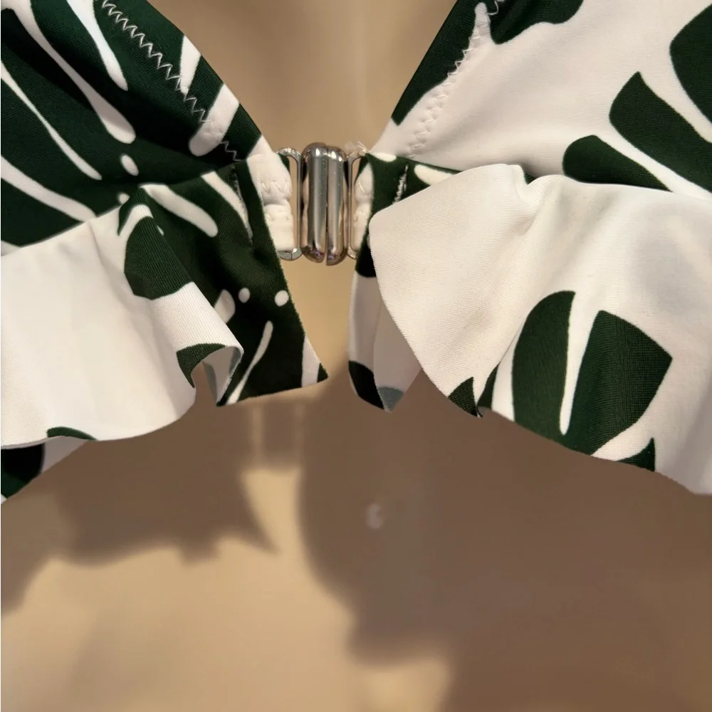 CUPSHE One Piece Swimsuit L White Green Tropical Leaf Cutout Ruffle NWT‎